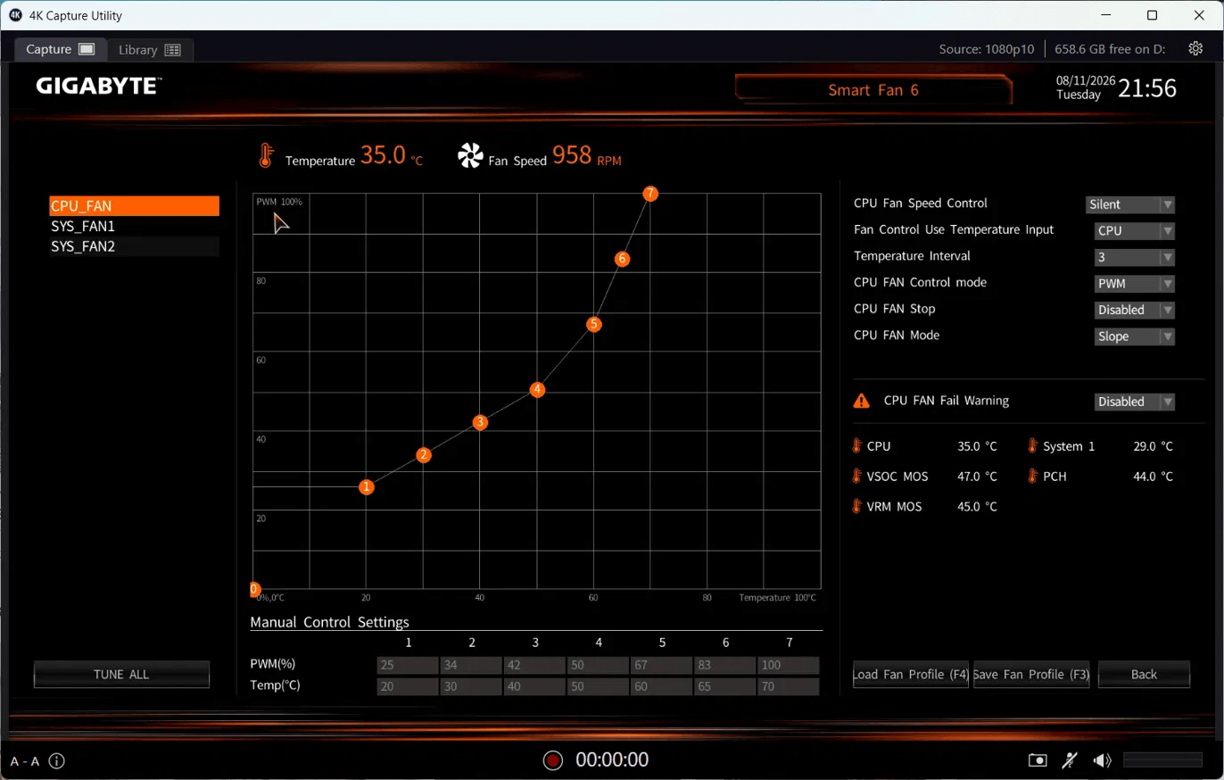 Smart Fan 6 s výchozím profilem Normal, který jede na plný výkon už při 70 °C