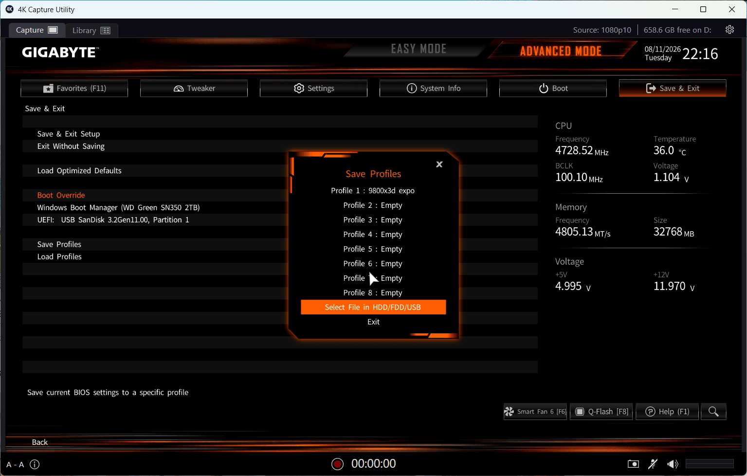 Uložení kompletního nastavení BIOSu do profilu přes Save Profiles