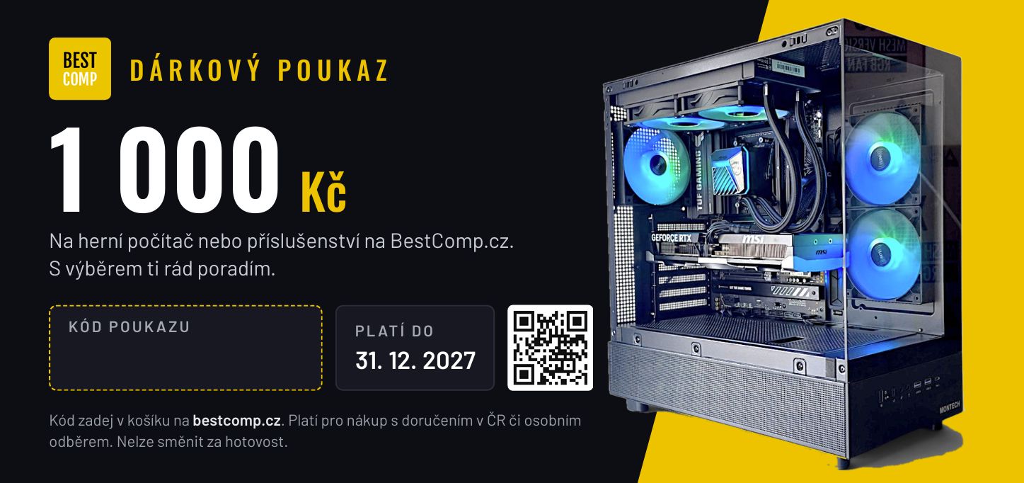 Dárkový poukaz BestComp na 10 000 Kč s herním počítačem s modře podsvícenými ventilátory