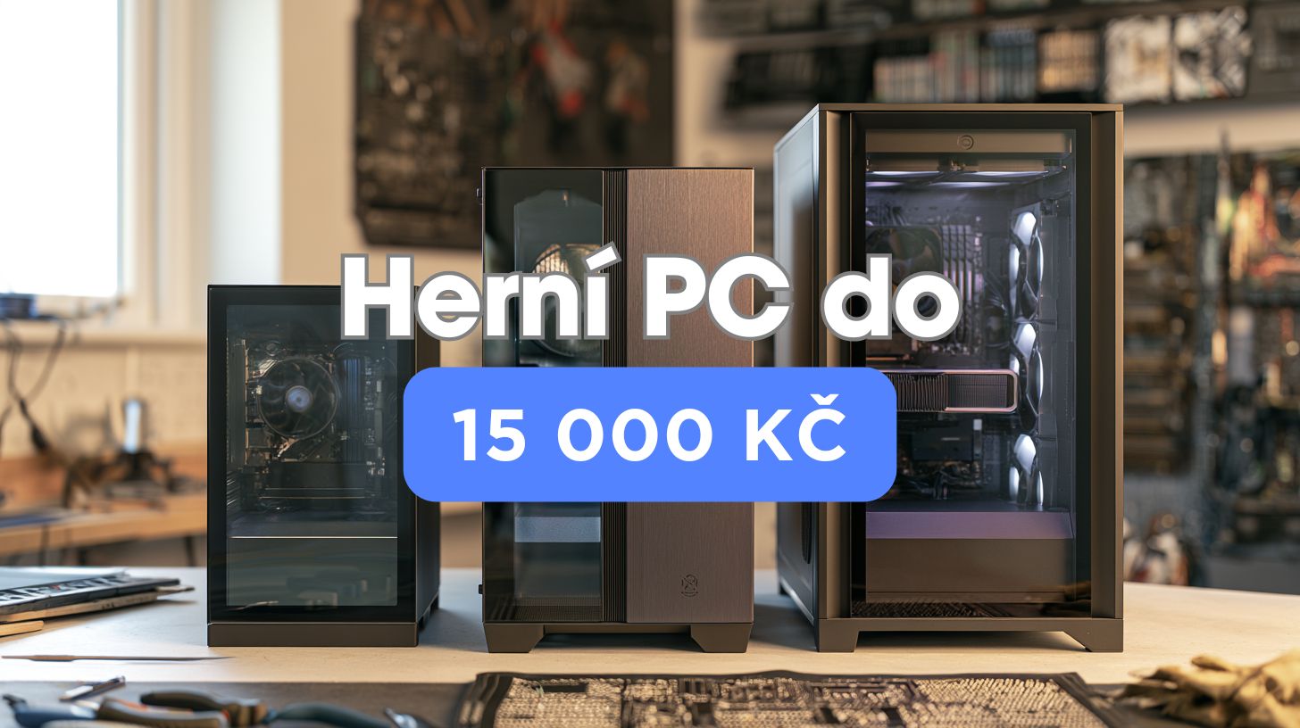 Základní herní počítač v prosklené skříni na pracovním stole v dílně BestComp v Plzni