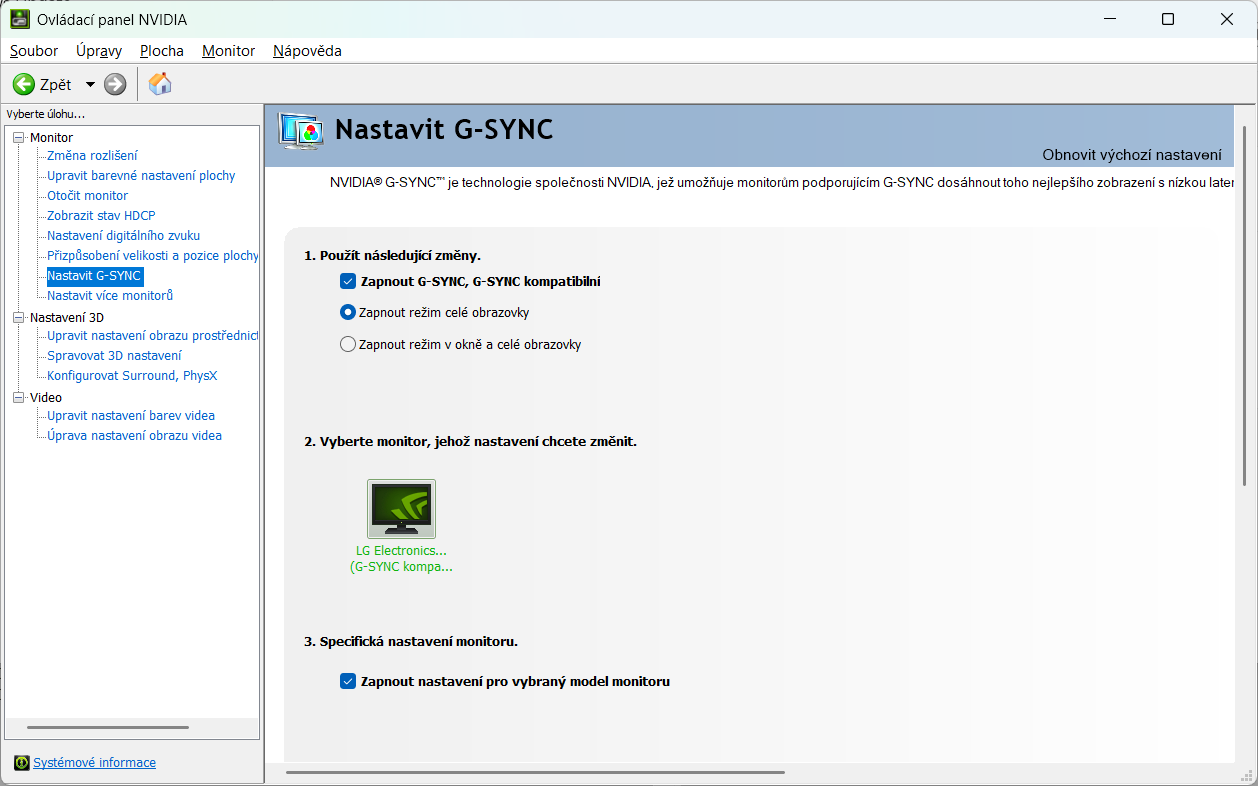 Ovládací panel NVIDIA – nastavení G-Sync na monitoru
