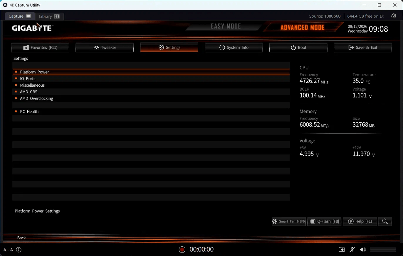 Záložka Settings v UEFI základní desky Gigabyte bez položky pro nastavení RGB podsvícení