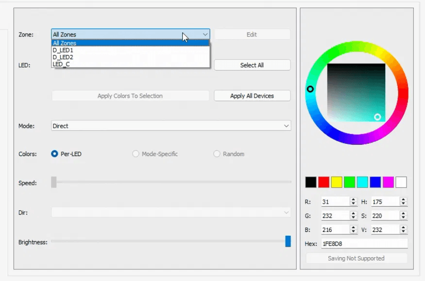 Rozbalený seznam zón v OpenRGB se dvěma ARGB zónami D_LED1 a D_LED2 a jednou RGB zónou LED_C