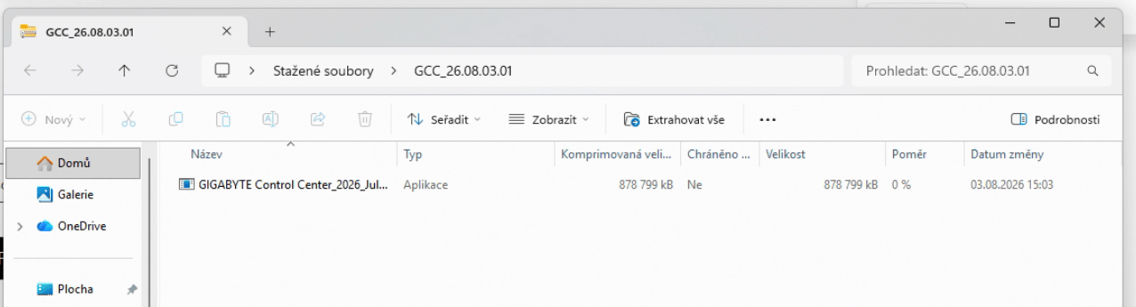 Rozbalený instalační balík Gigabyte Control Center s velikostí 878 799 kB v okně Průzkumníka