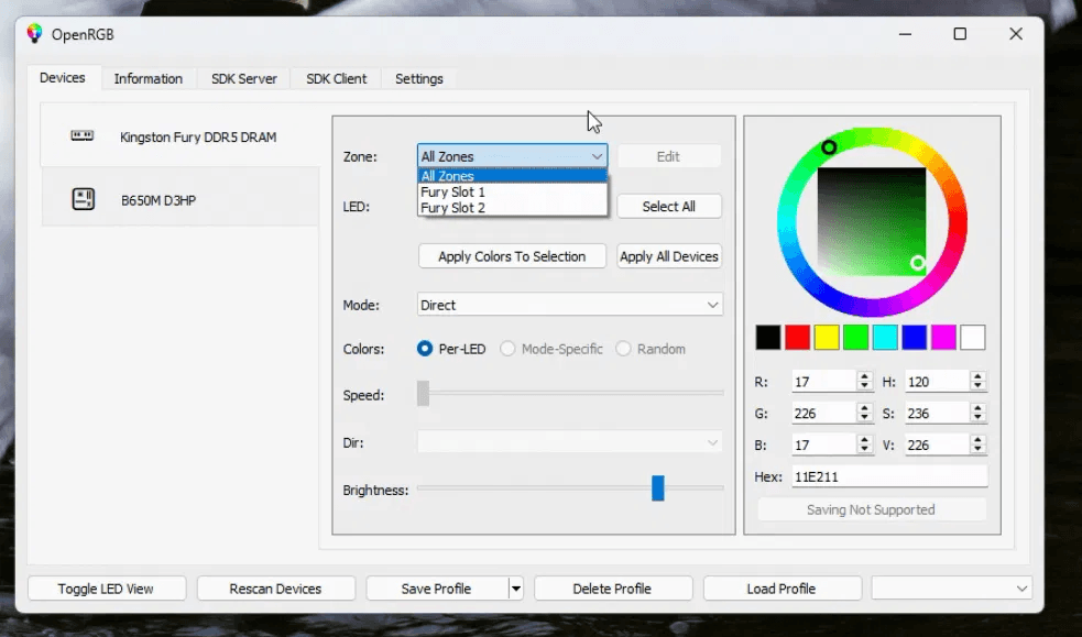OpenRGB s detekovanou základní deskou a operačními pamětmi Kingston Fury DDR5 v levém sloupci