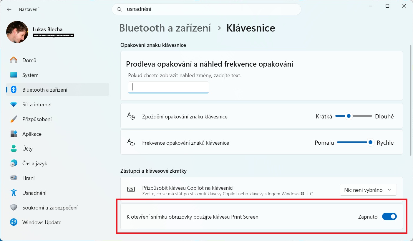 Nastavení Windows 11 v sekci Bluetooth a zařízení, Klávesnice, s přepínačem K otevření snímku obrazovky použijte klávesu Print Screen