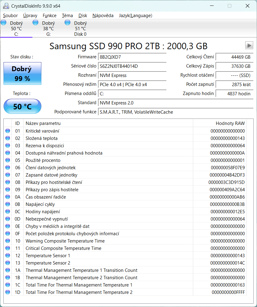 Spuštěná aplikace Crystaldiskinfo vypisující zdraví disku Samsung Pro 990 od BestComp.cz