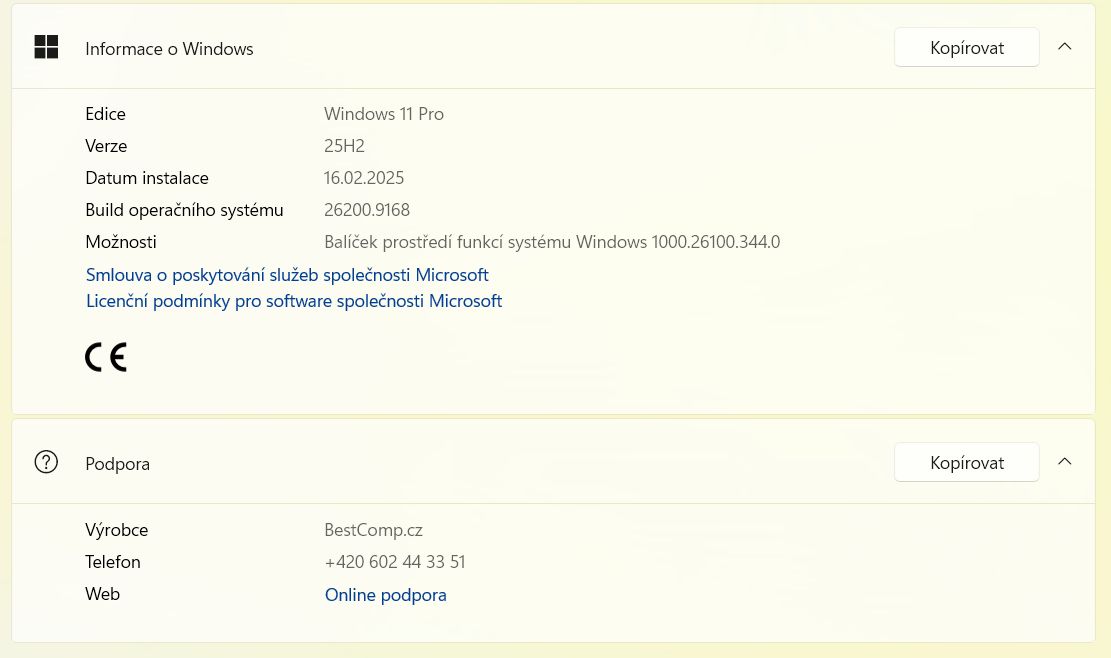 Okno Informace o Windows s edicí Windows 11 Pro, verzí 25H2 a buildem 26200.9168 na sestavě od BestComp.cz