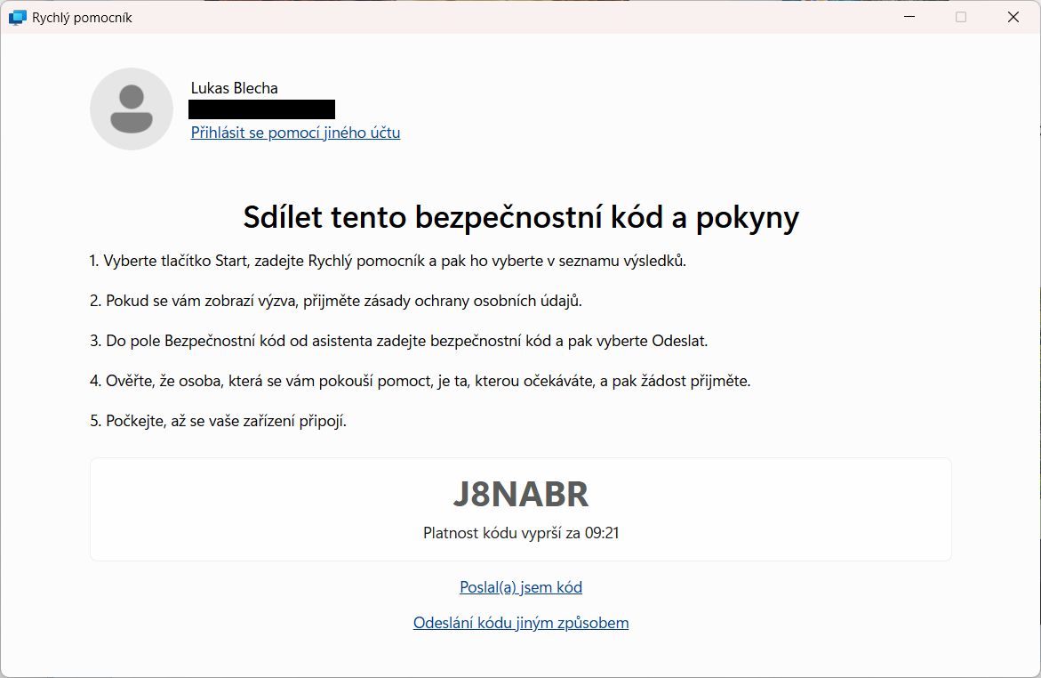 Okno Rychlého pomocníka na straně pomáhajícího se šestimístným bezpečnostním kódem a odpočtem platnosti