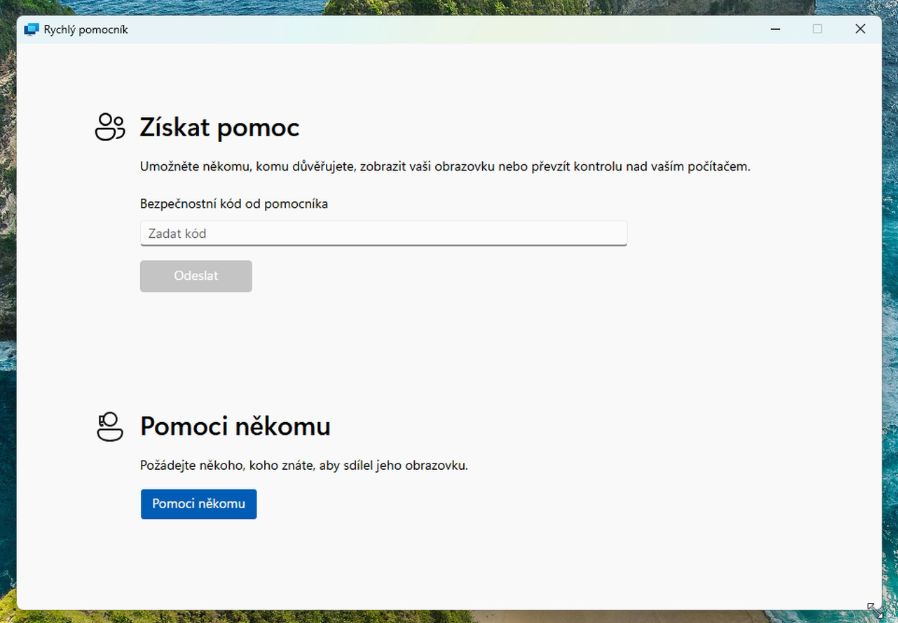 Okno Rychlého pomocníka se sekcí Získat pomoc a polem pro zadání bezpečnostního kódu od pomocníka