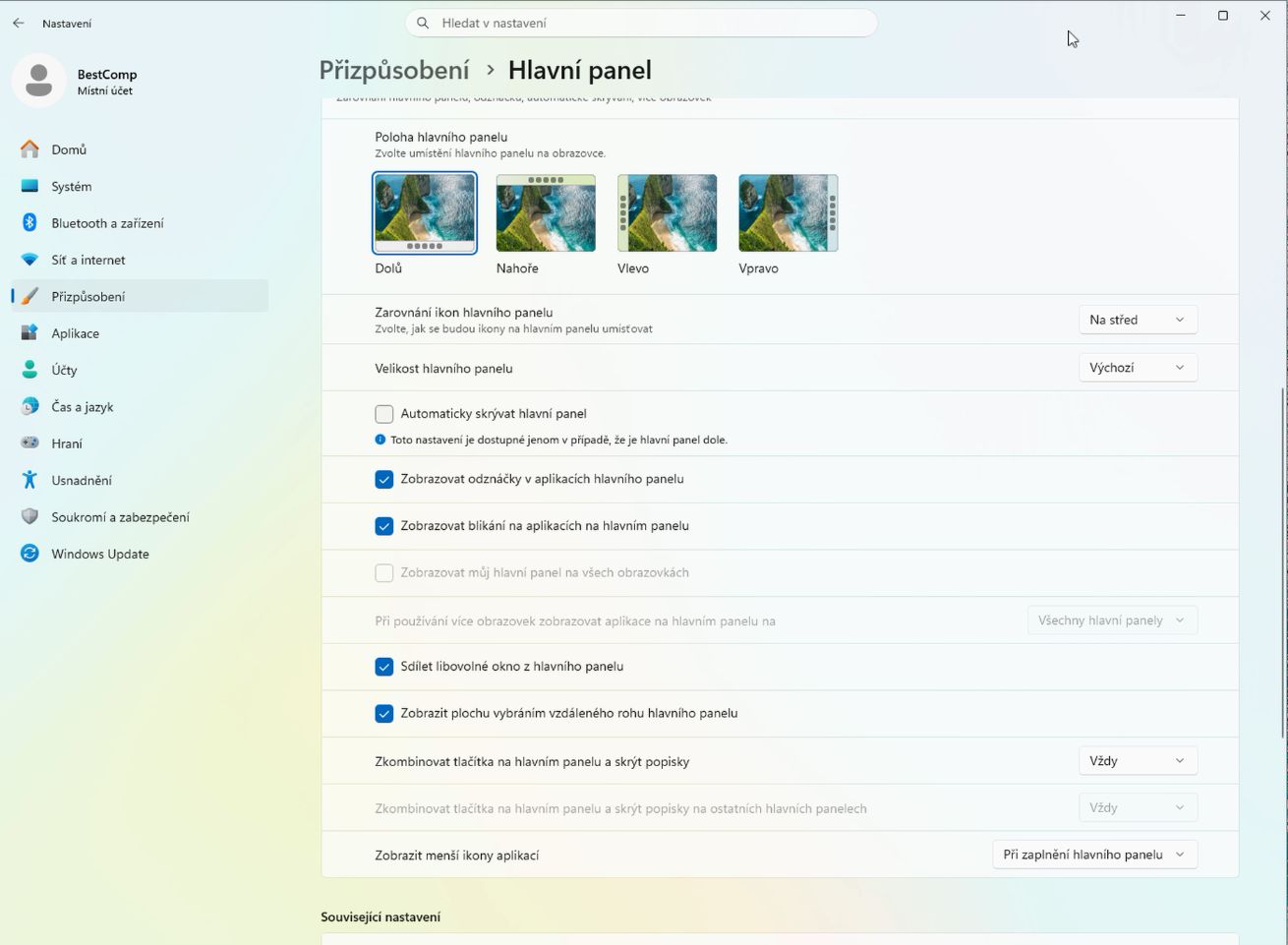 Nastavení hlavního panelu ve Windows 11 26H2 s volbou polohy Dolů, Nahoře, Vlevo a Vpravo a s novou velikostí panelu