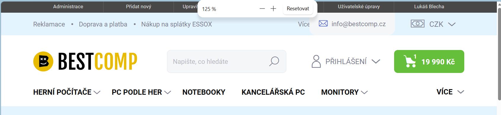 Nabídka prohlížeče s položkou Přiblížení nastavenou na 125 procent při prohlížení webu