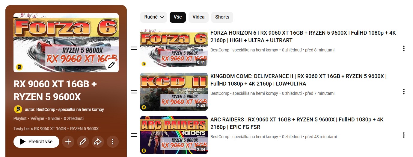 Seznam reálných herních testů počítačů z YouTube kanálu BestComp