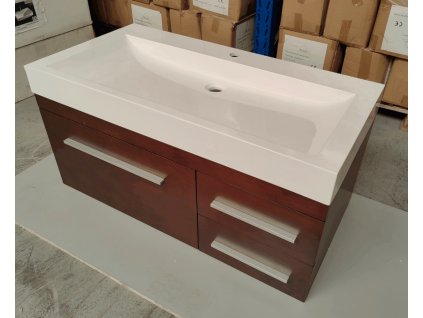 Masivní Závěsná Koupelnová Skříňka z Tropického Dubu | 100 cm | Dvě Zásuvky Soft-Close | Hnědá Barva | Umyvadlo z Litého Mramoru 100,5 cm x 65 cm x 50,5 cm