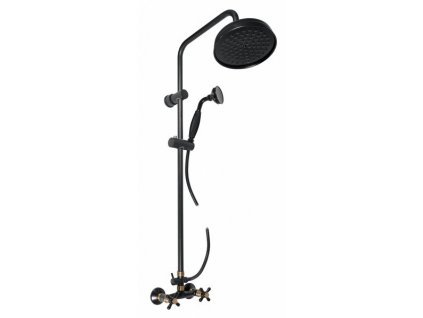 Retro sprchový systém SLEZÁK RAV MORAVA v kombinaci černá matná a stará mosaz s hlavovou sprchou a vidlicí, kód MK181.5/7CMATSM