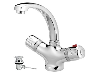 NOVASERVIS Termostatická Umyvadlová Baterie AQUAMAT (Chrom), Stojánková s Výpustí, Otočné Ramínko, Keramická Kartuše, Výška 22,7 cm