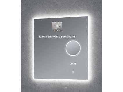 Zrcadlo s LED Bright Time s nastavitelným osvětlením, dotykovým spínačem, hodinami, kosmetickým zrcátkem a funkcí proti zamlžování 60x65 cm