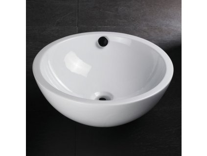 Bílé kulaté keramické umyvadlo BESTECO Deep na desku s přepadem.