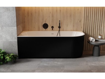 Volně stojící vana DENAYA černá/bílá, sifon se štěrbinovým přepadem (Varianta Barva - Černá / bílá, Barva sifonu - Chrom, Rozměr vany - 150 × 75 cm, Způsob provedení - Levé)