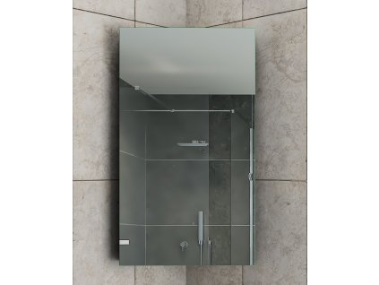 Rohová zrcadlová skříňka BESTECO Metal Corner otevřená s policemi.