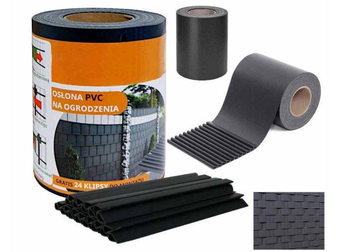 Stínící fólie na plot 19cm x 35m 450g/m2 Grafitová + spony 24ks