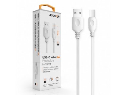 Datový kabel , USB-C, 2A, 1m, prodloužený konektor 9mm, bílý