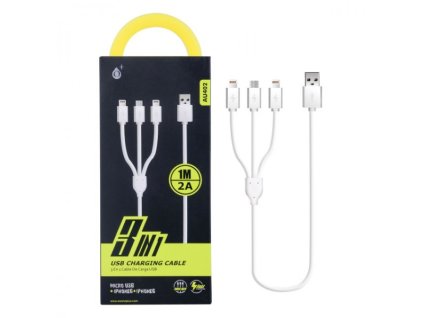 Nabíjecí kabel PLUS 3v1, 2x iPhone Lightning + 1x Micro USB, délka 1m, 2A, rychlé nabíjení (AU402)