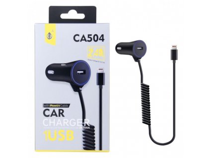 Nabíječka do auta PLUS CA504 s kabelem pro iPhone lightning, výstup 2.4A, černá