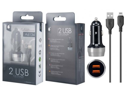 Nabíječka do auta PLUS A6134 s kabelem pro iPhone lightning, 2xUSB výstup 2.4A, stříbrná