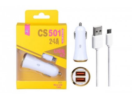 Nabíječka do auta PLUS s microUSB kabelem, 2x USB výstup, (CS501), zlatá