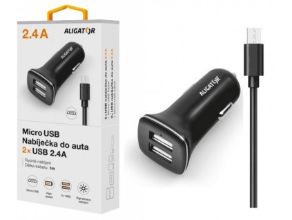 Nabíječka do auta ALIGATOR s microUSB kabelem a 2xUSB výstupem 2,4A, Turbo charge, černá