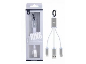 Nabíjecí kabel PLUS 2v1 Micro USB + iPhone Lightning, přívěšek na klíče, (8047), bílý