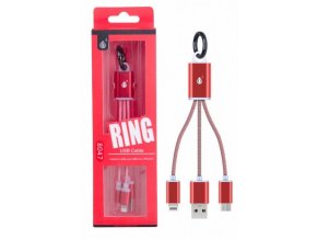 Nabíjecí kabel PLUS 2v1 Micro USB + iPhone Lightning, přívěšek na klíče, (8047), červený