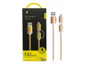 Datový kabel PLUS 2 v 1 (Micro USB+ Lightning), 1M 2A(AU405), gold