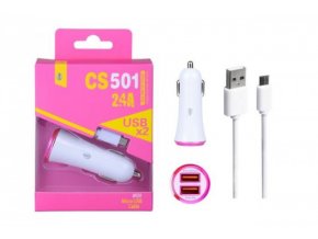 Nabíječka do auta PLUS s microUSB kabelem, 2x USB výstup, (CS501), růžová