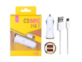 Nabíječka do auta PLUS s microUSB kabelem, 2x USB výstup, (CS501), zlatá