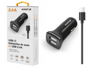 Nabíječka do auta ALIGATOR USB-C s 2xUSB výstupem 2,4A, Turbo charge, černá