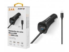 Nabíječka do auta ALIGATOR microUSB s USB výstupem, 2.4A, Turbo charge, černá