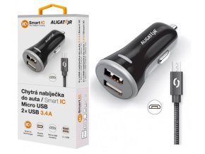 Nabíječka do auta ALIGATOR MicroUSB 2xUSB výst. 3.4A, smart IC, černá