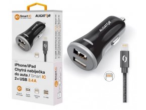 Nabíječka do auta ALIGATOR iPhone/iPad 2xUSB výst. 3.4A, smart IC,čená