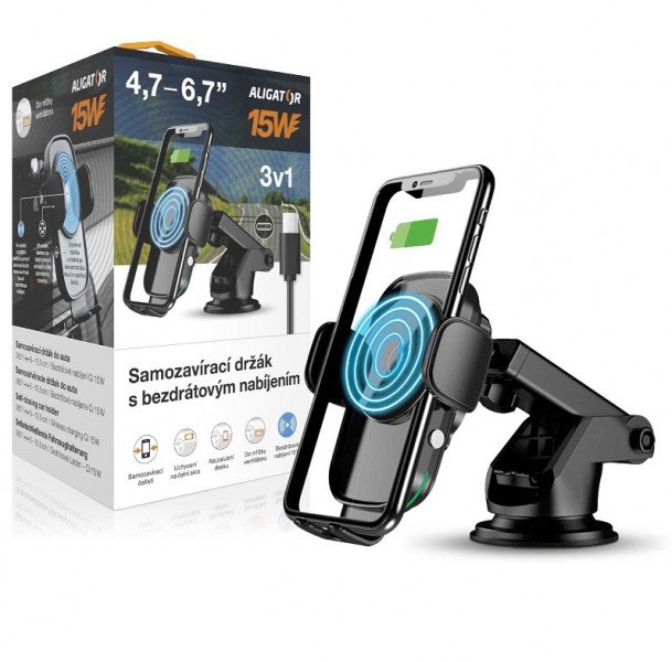 ALIGATOR Samozavírací držák K2 s bezdrátovým nabíjením 15W, 3v1