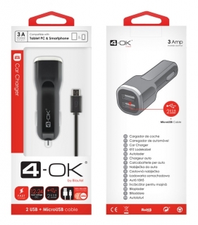 CL ADAPTÉR 4-OK 3A POWER NA 2X USB + DATOVÝ KABEL MICRO USB