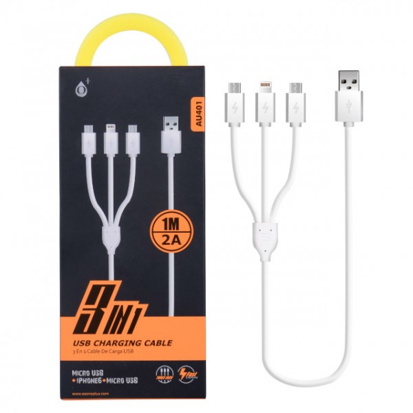 Nabíjecí kabel PLUS 3v1, 2x Micro USB + 1x iPhone Lightning, délka 1m, 2A, rychlé nabíjení (AU401)