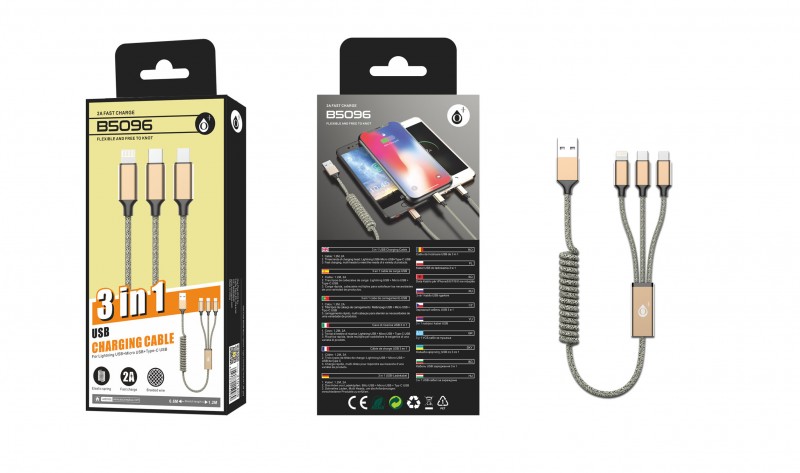Nabíjecí kabel PLUS B5096 ,3v1, Micro,Type-C,iPh, spirála, 2A, zlatý