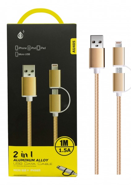 Datový kabel PLUS 2 v 1 (Micro USB+ Lightning), 1M 2A(AU405), gold