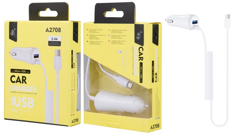 Nabíječka do auta PLUS A2708 s MicroUSB kabelem a 1x USB výstupem 2,4A, bílá