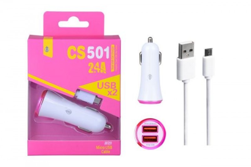 Nabíječka do auta PLUS s microUSB kabelem, 2x USB výstup, (CS501), růžová