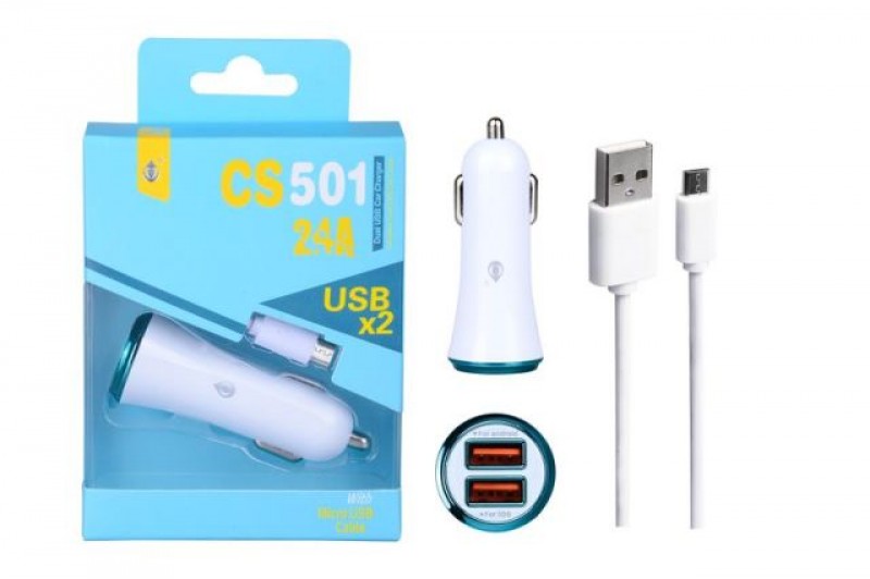 Nabíječka do auta PLUS s microUSB kabelem, 2x USB výstup, (CS501), modrá