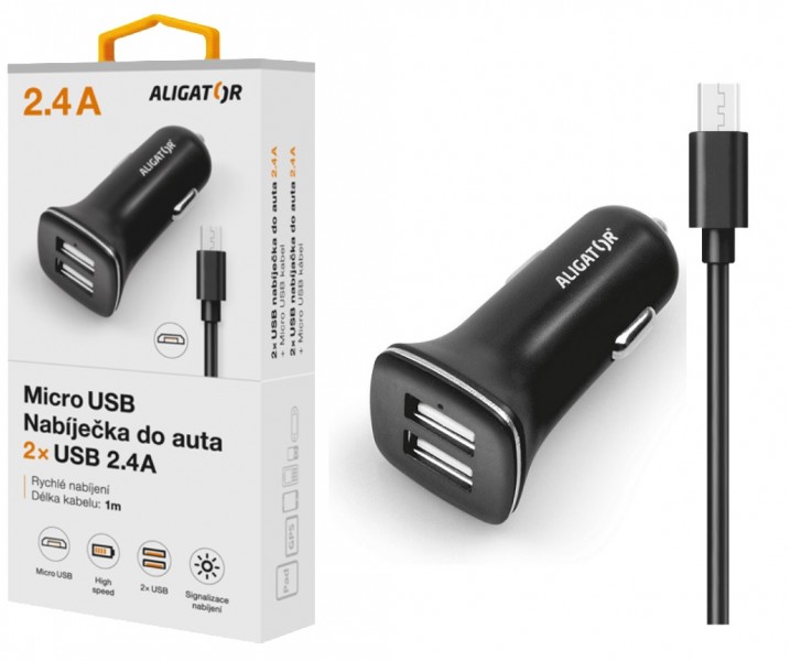 Nabíječka do auta ALIGATOR s microUSB kabelem a 2xUSB výstupem 2,4A, Turbo charge, černá