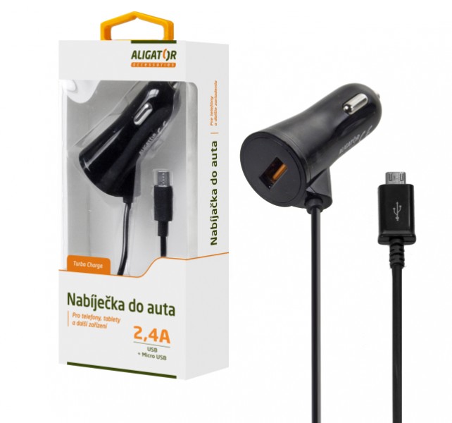 Nabíječka do auta ALIGATOR MicroUSB s USB výstupem 2,4A, Turbo charge, černá